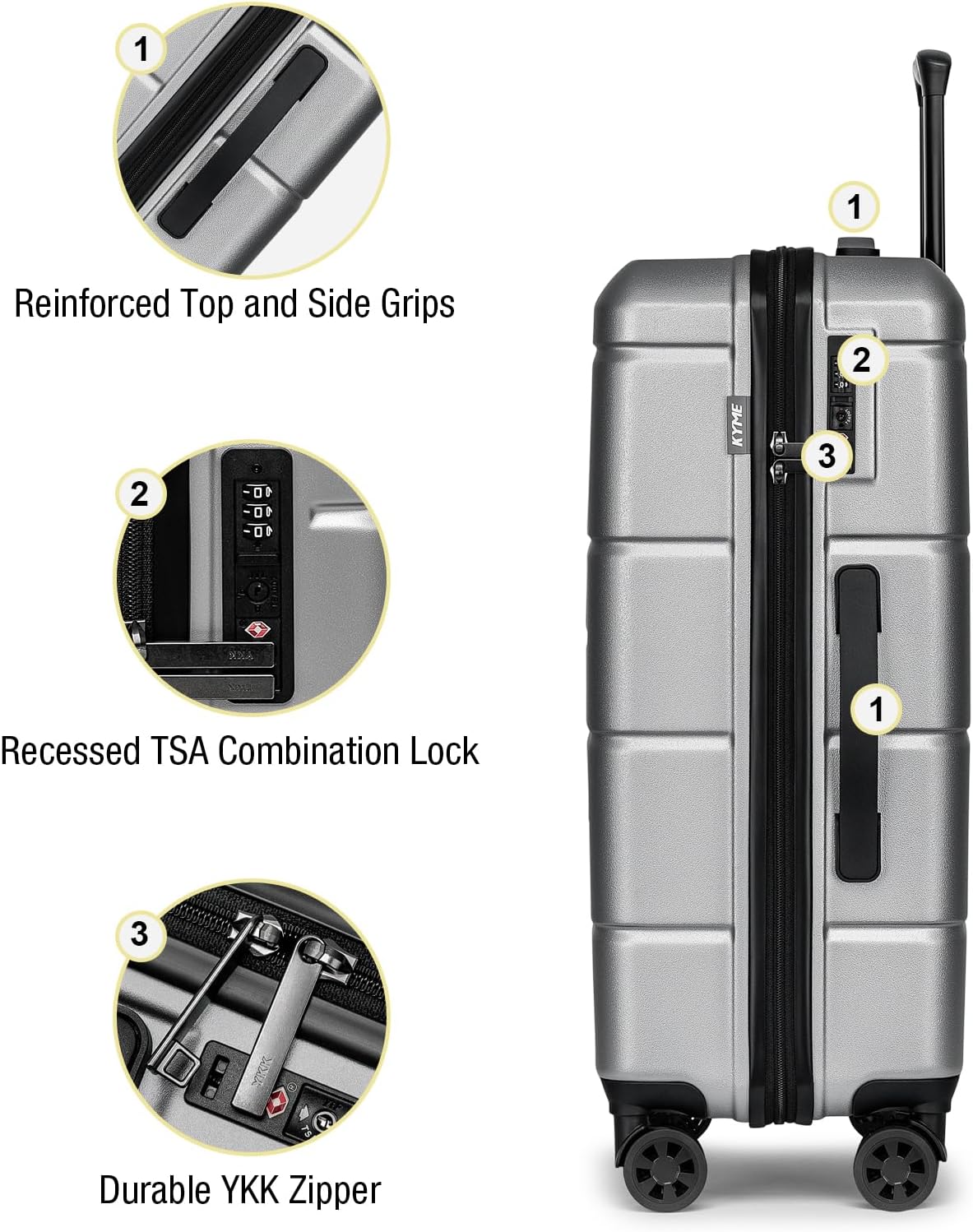 KYME Luggage Sets 2 Piece Hardshell 20"/24" Suitcases with Spinner Wheels Durable Suitcase Set with TSA Lock Lightweight Travel Luggage Set for Women Men Silver Grey