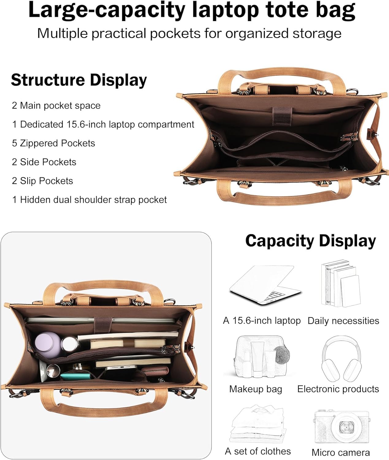 FADEON Laptop Bag for Women Designer PU Leather Large Tote Bags Backpack Purses with 15.6 Laptop Compartment Shoulder Handbag