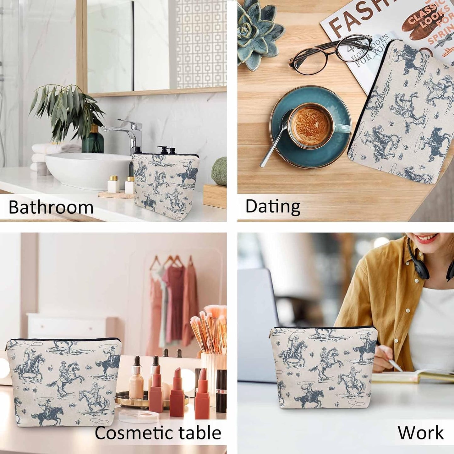 Women Cosmetic Bag Cowboy, American Western Cowboy Horse Riders Cute Makeup Bag For Purse Cosmetic Travel Bag For Toiletries Makeup Storage Bag Flax Skincare Bag Make Up Pouch Bags