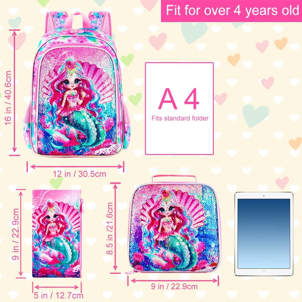 3PCS Kids Backpacks for Girls, 16" Little Kid Preschool School Bookbag and Lunch Box - Unicorn/Mermaid/Flamingo