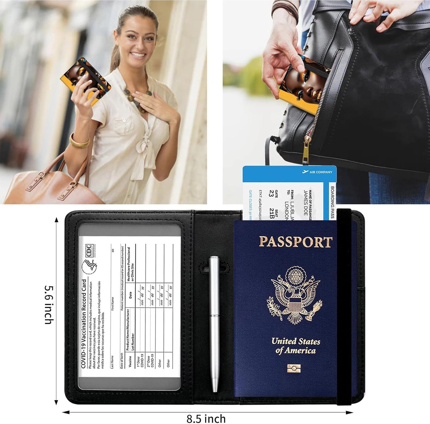 Passport and Vaccine Card Holder Cover Combo,Travel Passport Holder Wallet with RFID Blocking, Leather Vaccine Card Slot Passport Cover Case for Women & Men,African American Woman-1121