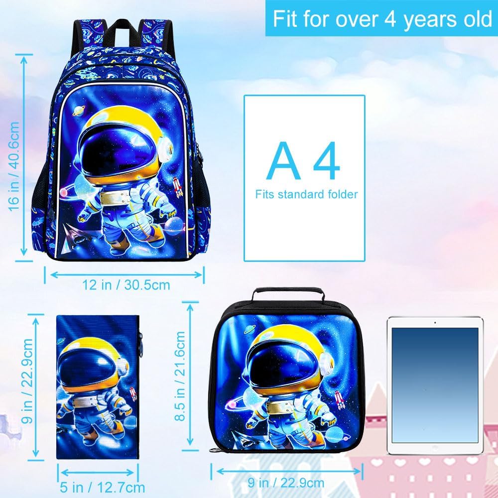 3PCS Dinosaur Backpack for Boys, 16 Inch Kids Water Resistant Preschool Elementary Kindergarten Bookbags and Lunch Box
