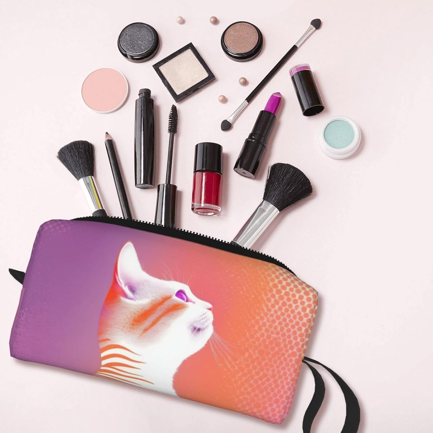 Cute Cat Makeup Bag Small Compact & Durable Travel Purple Cosmetic Bag Organizer Oxford Fabric Multi-Purpose Storage Perfect for Travel, Gym, Daily Use