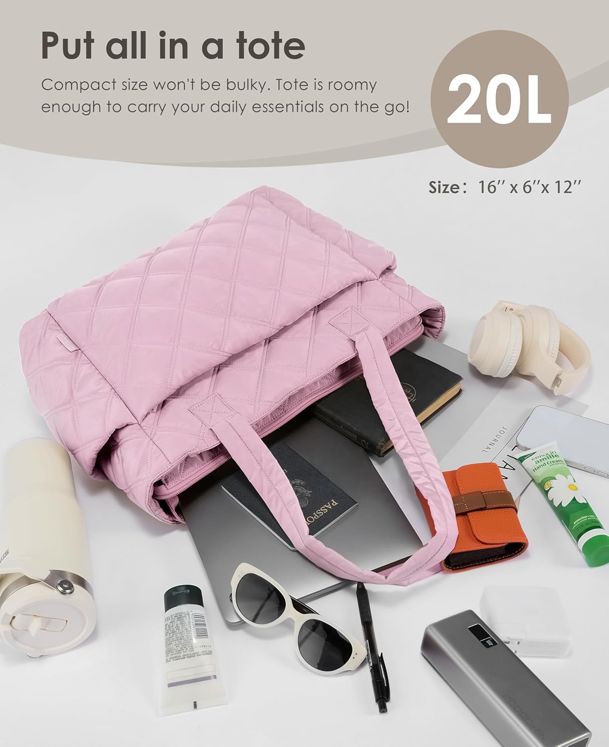 Tote Bag for Women, Lightweight Puffer Tote Work Bags with Compartments for Travel, Quilted Shoulder Bag with Zipper