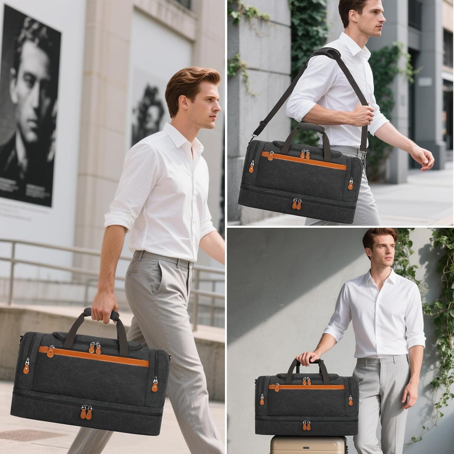 Canvas Travel Duffel Bag for Men - 21 Inch Expandable 47L Weekender Bags with Trolley Sleeve & Toiletry Bag, Overnight Carry On Luggage with Removable Shoulder Strap, Durable & Water-Resistant