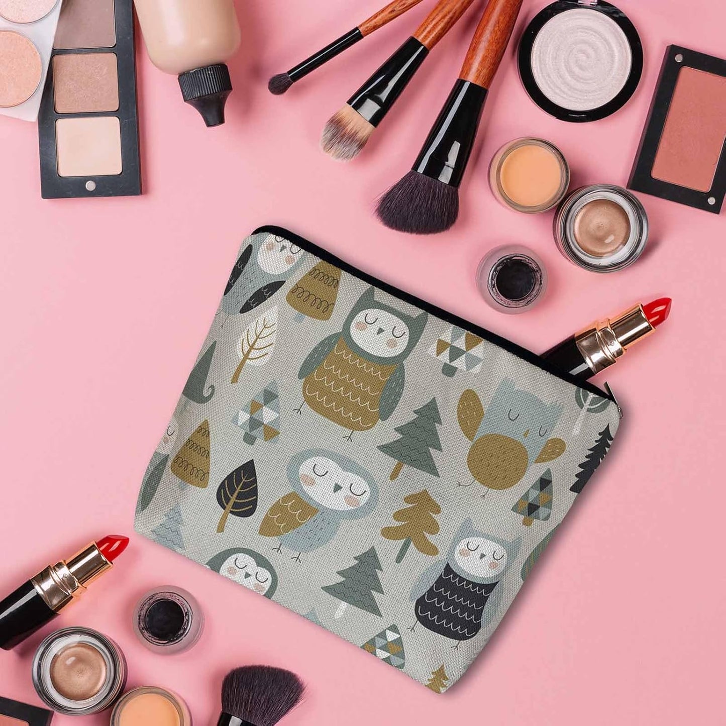 Owl Cosmetic Travel Bag, Cute Owls Woodland Trees Makeup Bag, Toiletry Bags for Women, Flax Cosmetic Bags, Make Up Bag Purse Toiletries Bag Birthday Gift
