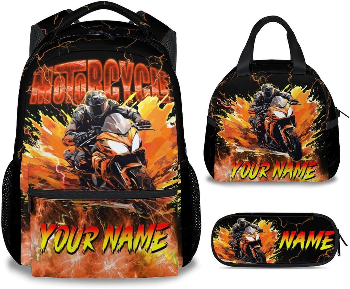 Boys Backpack Set, Personalized Kids Backpack with Lunch Box, Motorcycle Bookbag for School, 17 Inch Custom Car Bookbag, Durable School Supplies