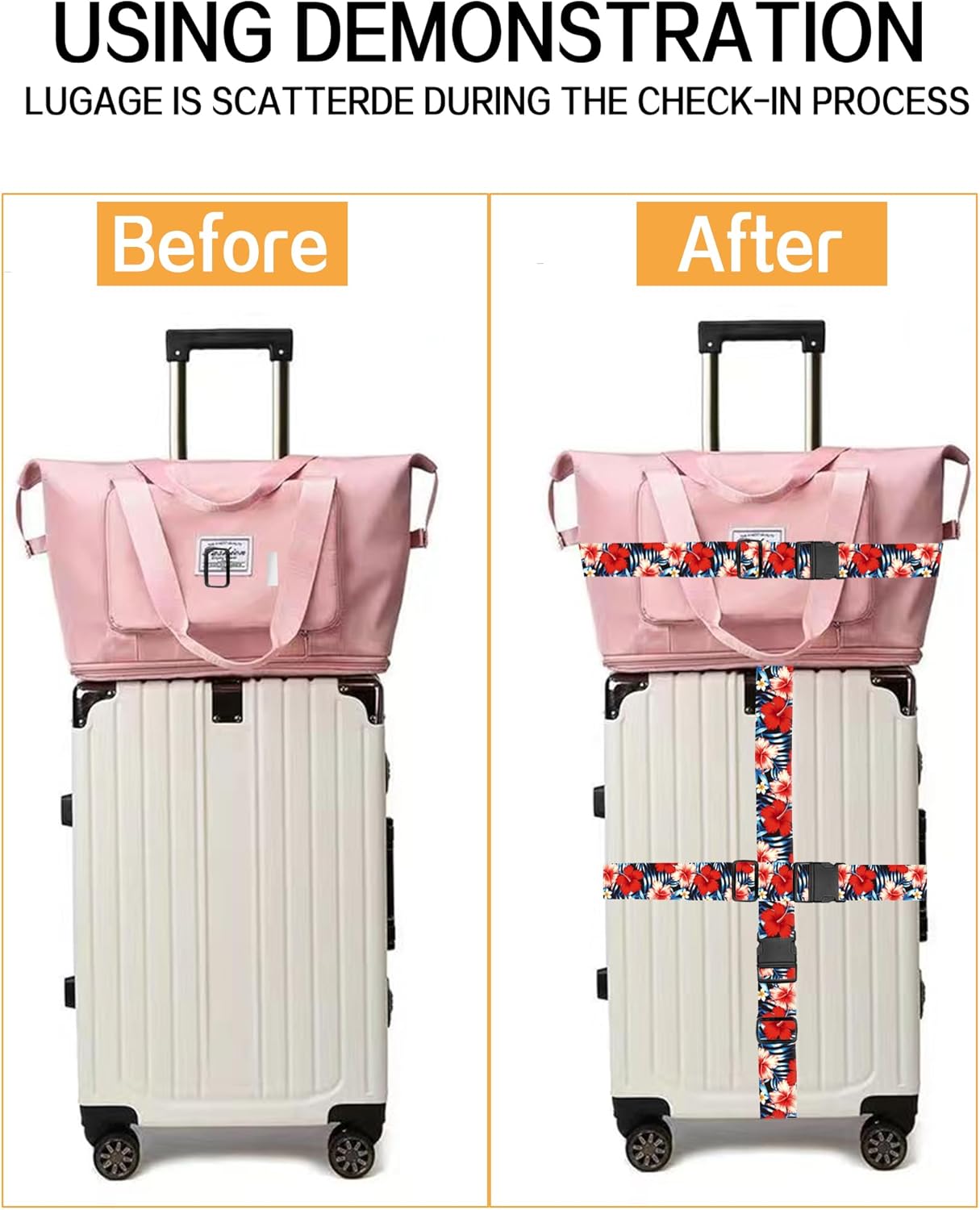 Luggage Straps for Suitcases, Adjustable Travel Belt, Durable Wide Luggage Strap, Cute Suitcase Strap Identifiers with Buckle, Bag Straps for Luggage, Luxury Purple Flowers