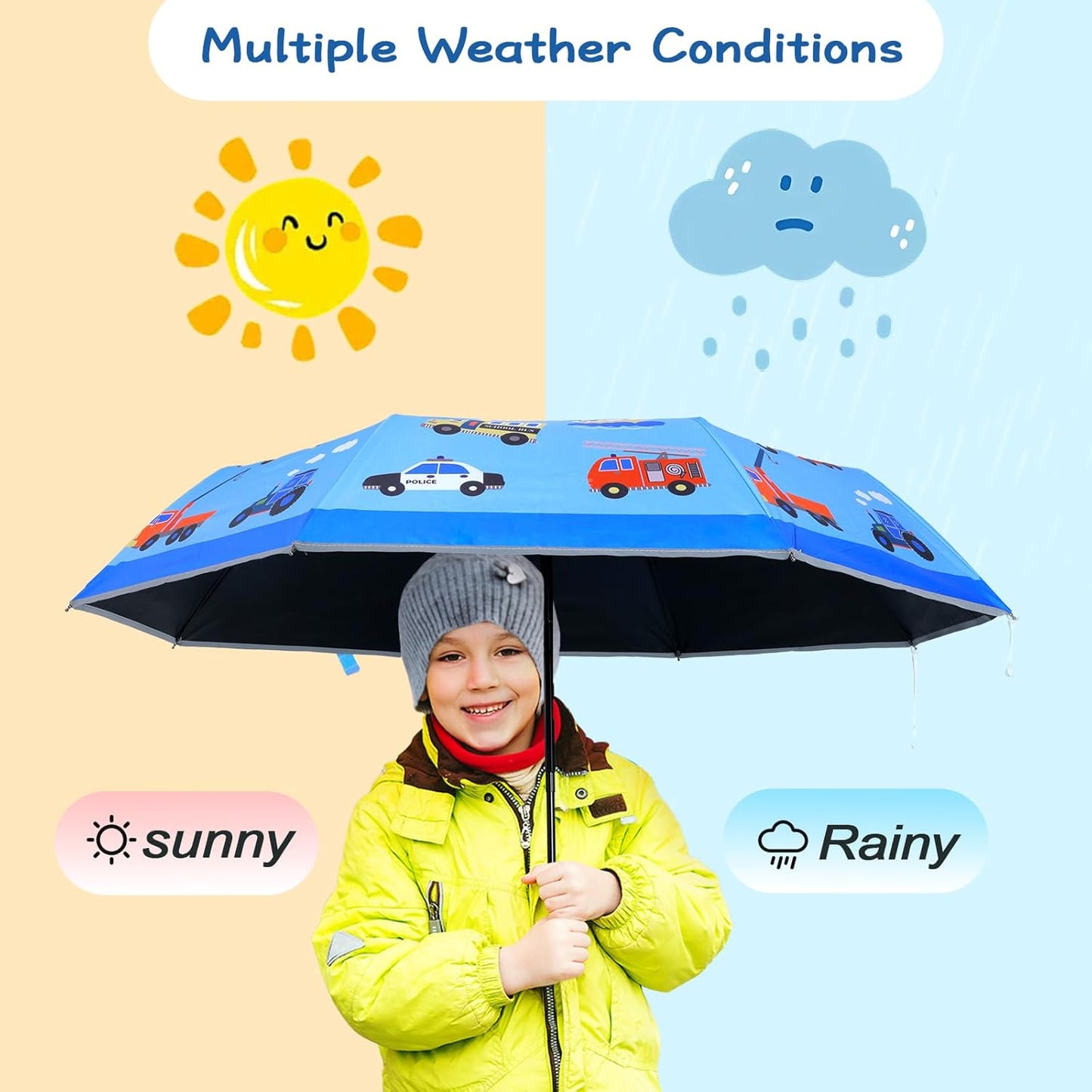 Kids Folding Umbrella Auto Open/Close Anti-rebound Safe Design UV Resistant Automatic Children Travel Umbrellas 8 Rib Reinforced Canopy 360° Reflective Strip Lightweight Cute Umbrella for Girls & Boys