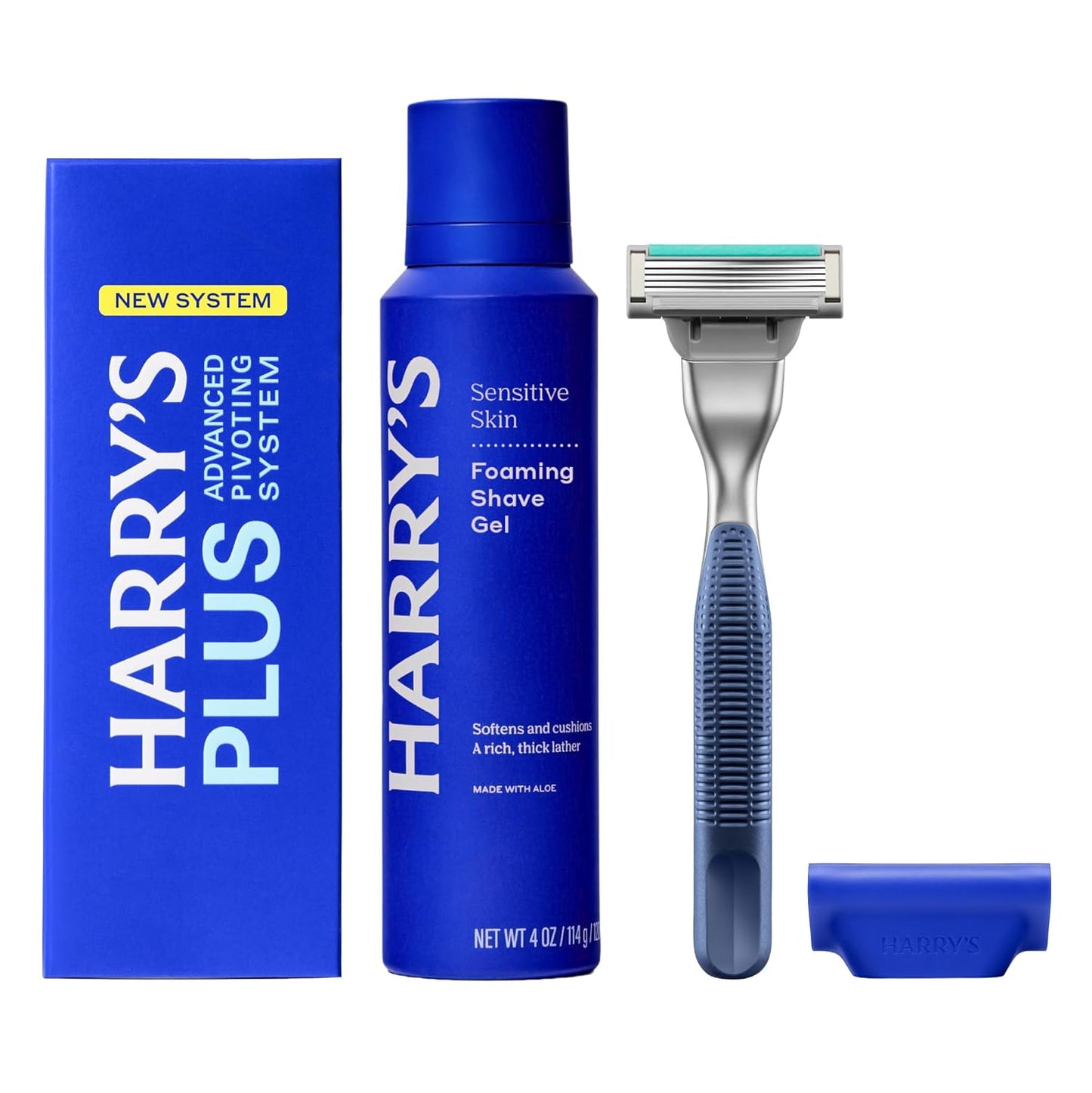 HARRY'S PLUS: Shaving Kit for Men - Premium Handle, Razor Blade Cartridge, 4 oz Foaming Shave Gel, and Travel Blade Cover - Advanced Pivoting System - Tide