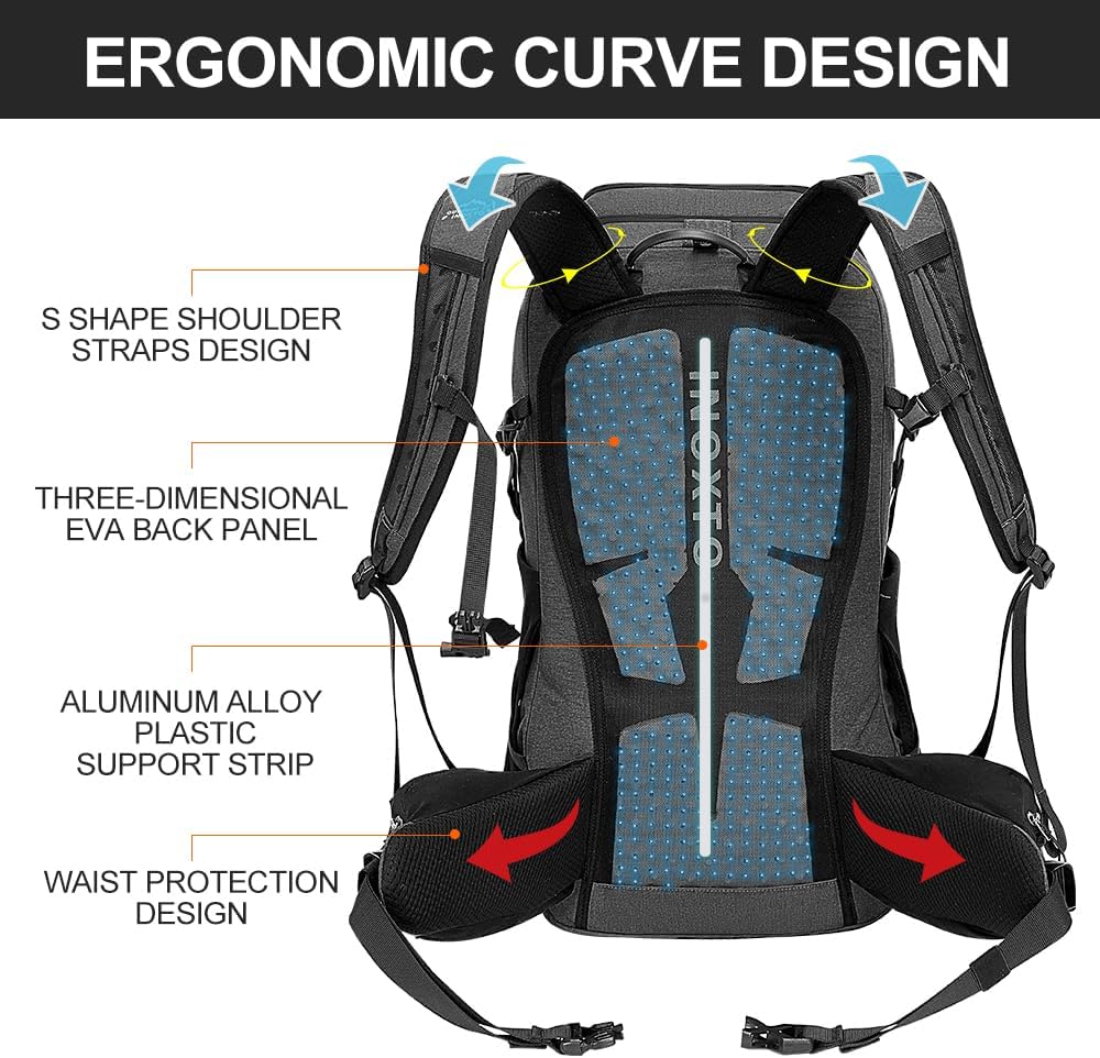 INOXTO 35L Hiking Backpack with 3Lwater bladder, Camping Backpack with Waterproof Rain Cover for Men, Outdoor Sport Travel Daypack for Climbing (Black grey)