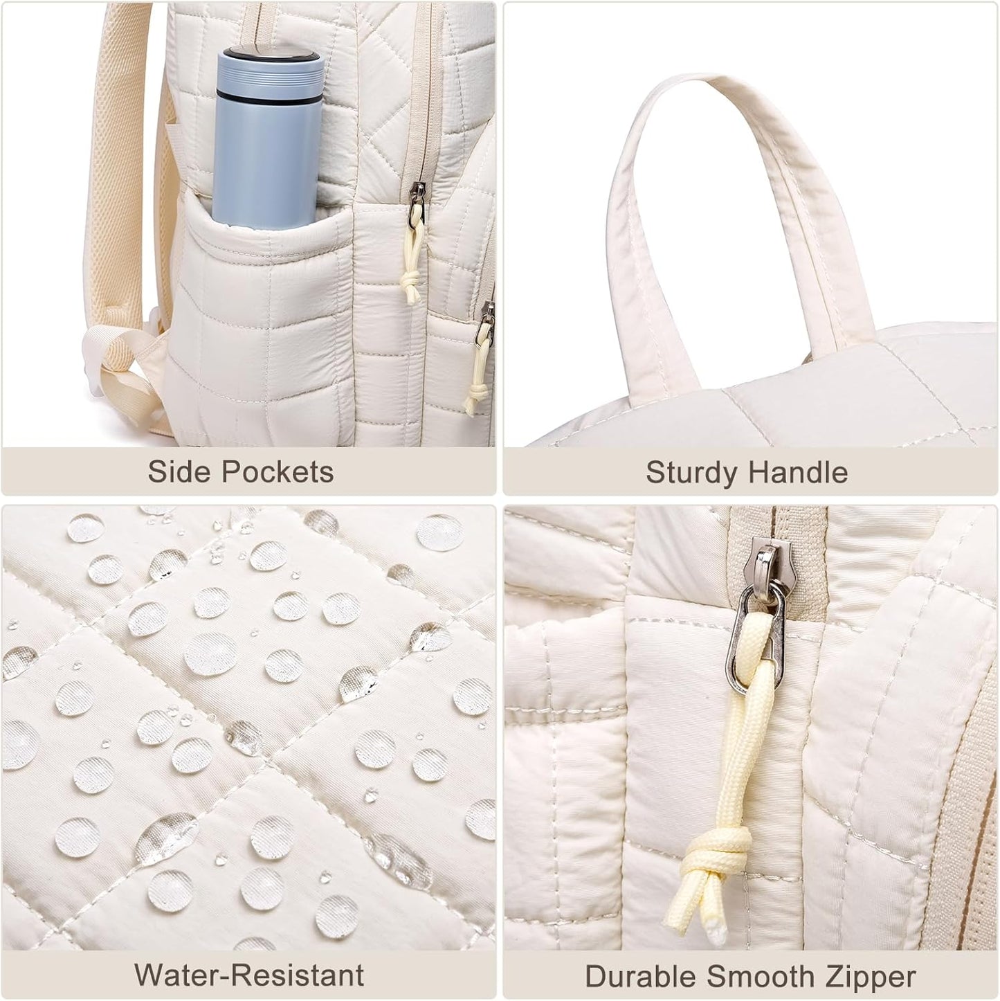 Laptop Backpack for Women College Travel,Quilted Daypack Bookbag for School Teen Girls Mochilas Mujer,Beige