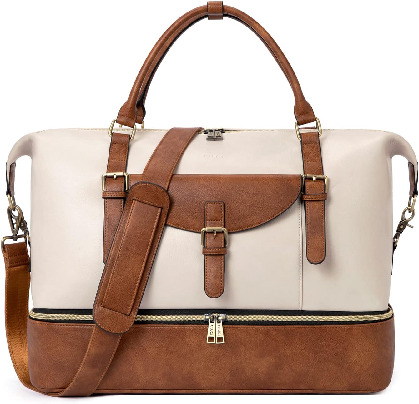 CLUCI Weekender Bag for Women Leather Large Overnight Travel Duffel Bag with Shoe Compartment Beige with Brown