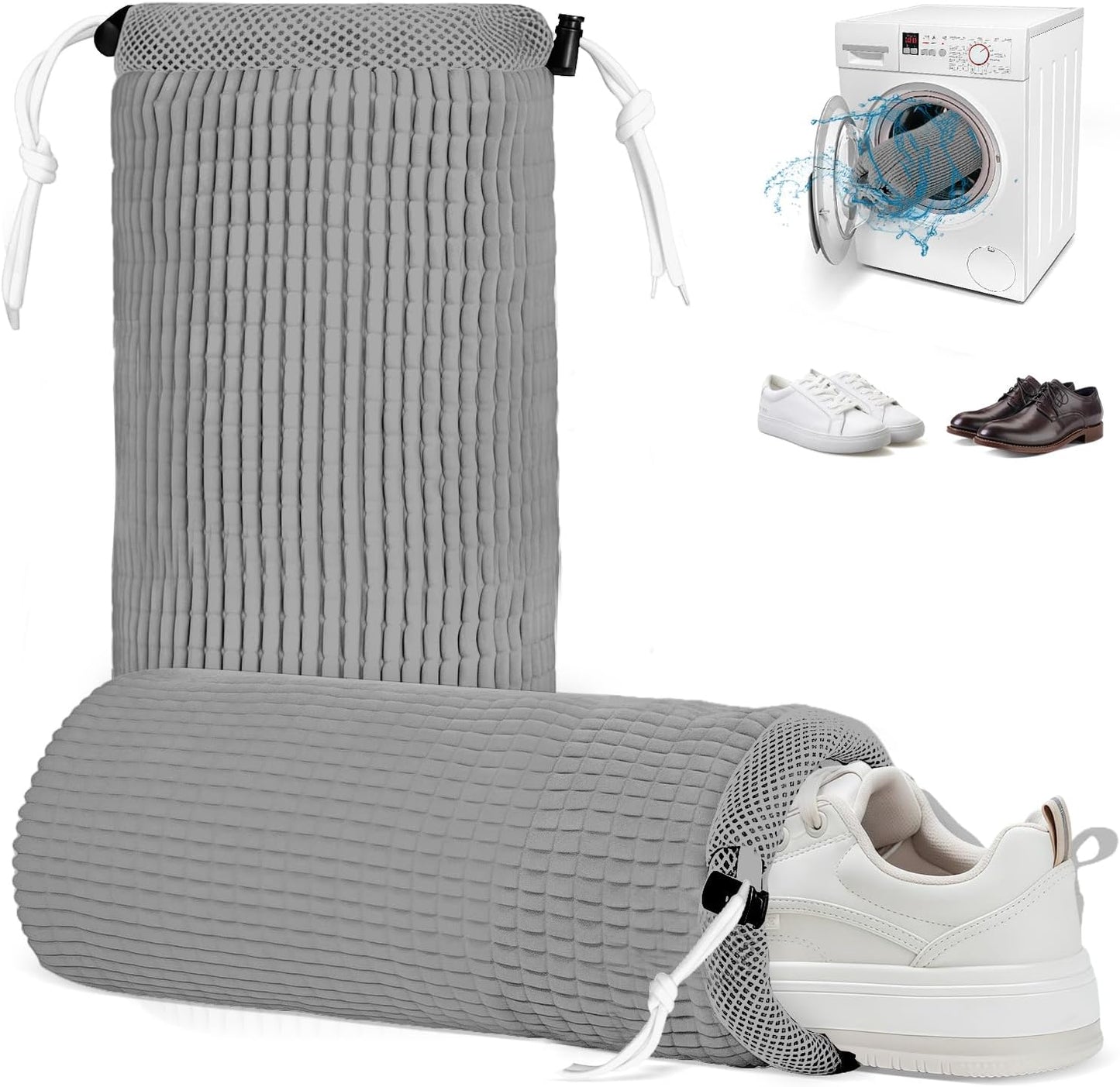 2Pcs Shoe Washing Machine Bag, Reusable Shoe Laundry Bag, Sneaker Washing Machine Bags, Shoe Cleaning Wash Bag with 360° Cleaning Fibers & Adjustable Drawstring, Fits Most Shoes Washer (Gray)