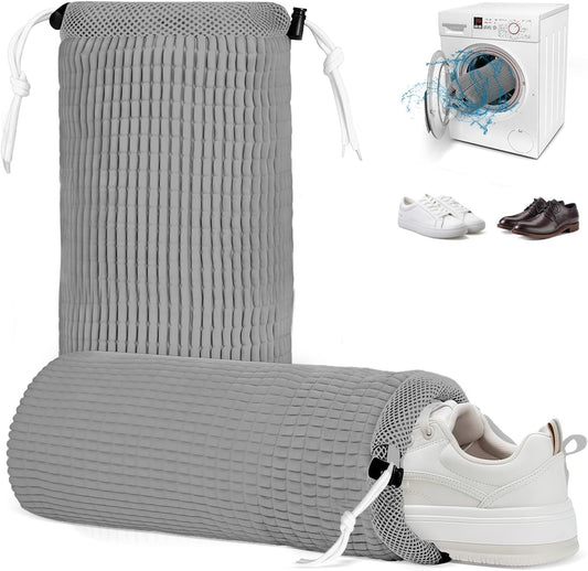 2Pcs Shoe Washing Machine Bag, Reusable Shoe Laundry Bag, Sneaker Washing Machine Bags, Shoe Cleaning Wash Bag with 360° Cleaning Fibers & Adjustable Drawstring, Fits Most Shoes Washer (Gray)