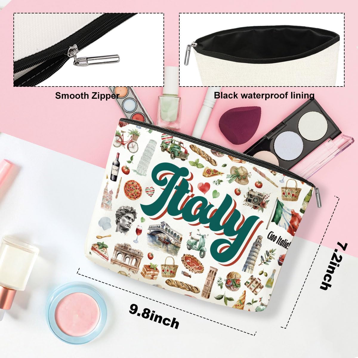 4PCS Italy Travel Essentials Italian Gifts Makeup Bag Cosmetic Bag for Women Friend Lady Sister Bestie Italy Travel Lover Weekend Bag Vacation Christmas Birthday Friendship