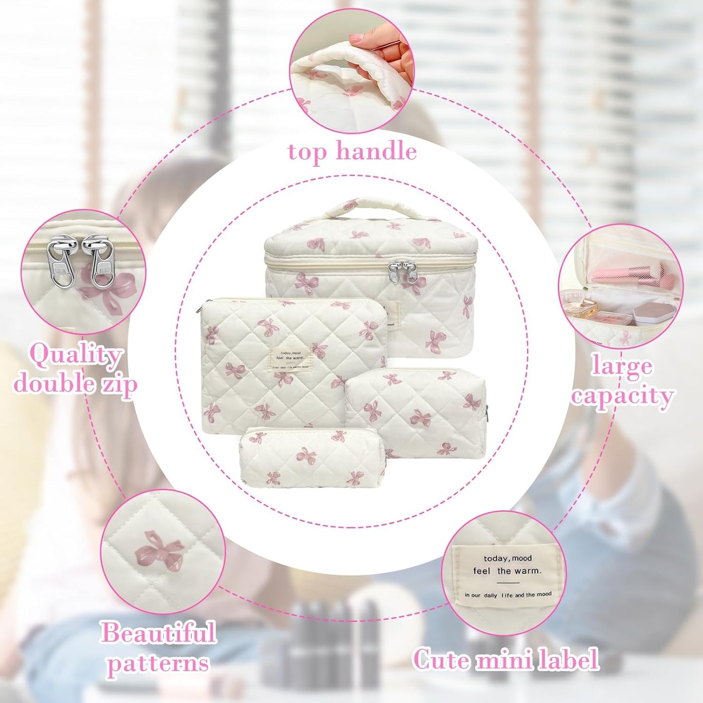 Quilted Makeup Bag, Large Capacity Travel Cosmetic Bag for Women and Girls, Aesthetic Storage for