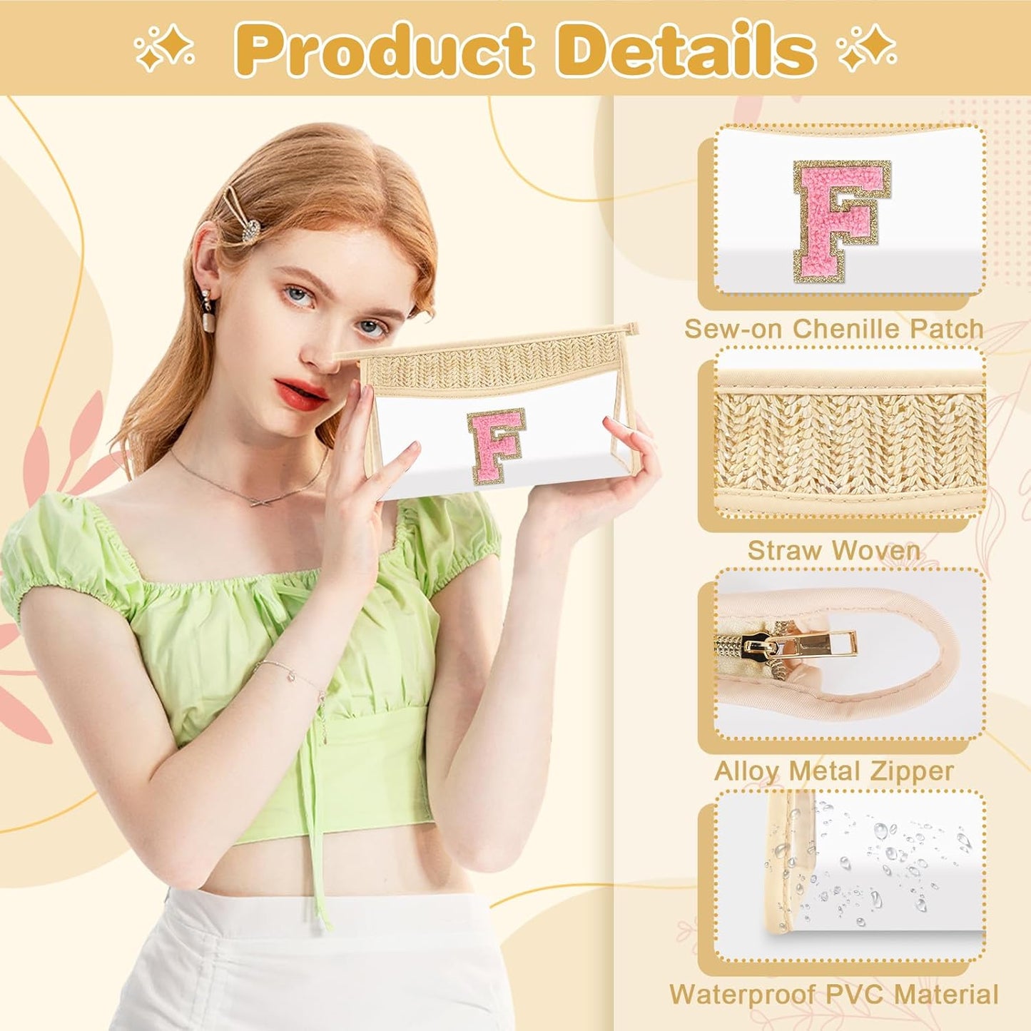 Small Boho Straw Initial Letter Makeup Bag Personalized Gift ,Cute Clear Chenille Patch Makeup Bag With Zipper,Trendy TSA Approved Travel Toiletry Bag,Gift for Women Girls Birthday Friend, Letter F