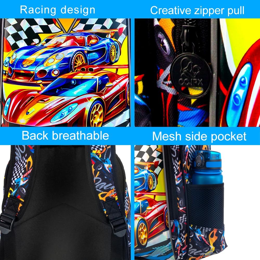 3Pcs Cars Backpack, 16" Boys Bookbag with Lunch Box, Kids School Backpacks Set for Elementary Preschool Kindergarten