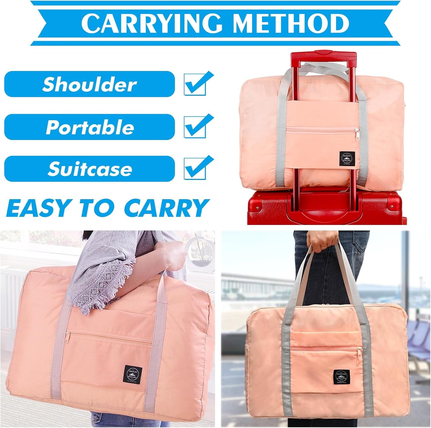 Travel Duffle Bag Tote Carry on Bag Nylon Lightweight Foldable Travel Bag Water Resistant Sports Gym Duffle Weekender Overnight Bag (Pink+Pe bag)