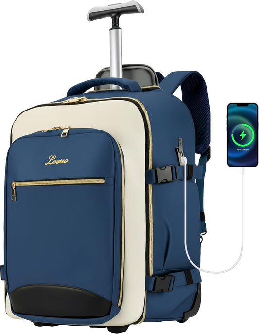 Carry On Backpack with Wheels for Adults, Airline Approved Rolling Backpack for Women, Foldable Bottom Travel Laptop Backpack (Deep Blue)