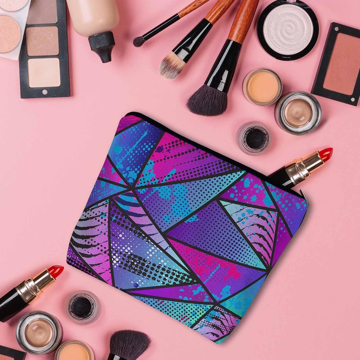 Chaotic Triangles Makeup Organizer Bag Cosmetic Bag For Men Women Chaotic Geometric Graffiti Triangle Travel Toiletry Bag Flax Makeup Bags Purse Business Makeup Pouch For Toiletries Cosmetics