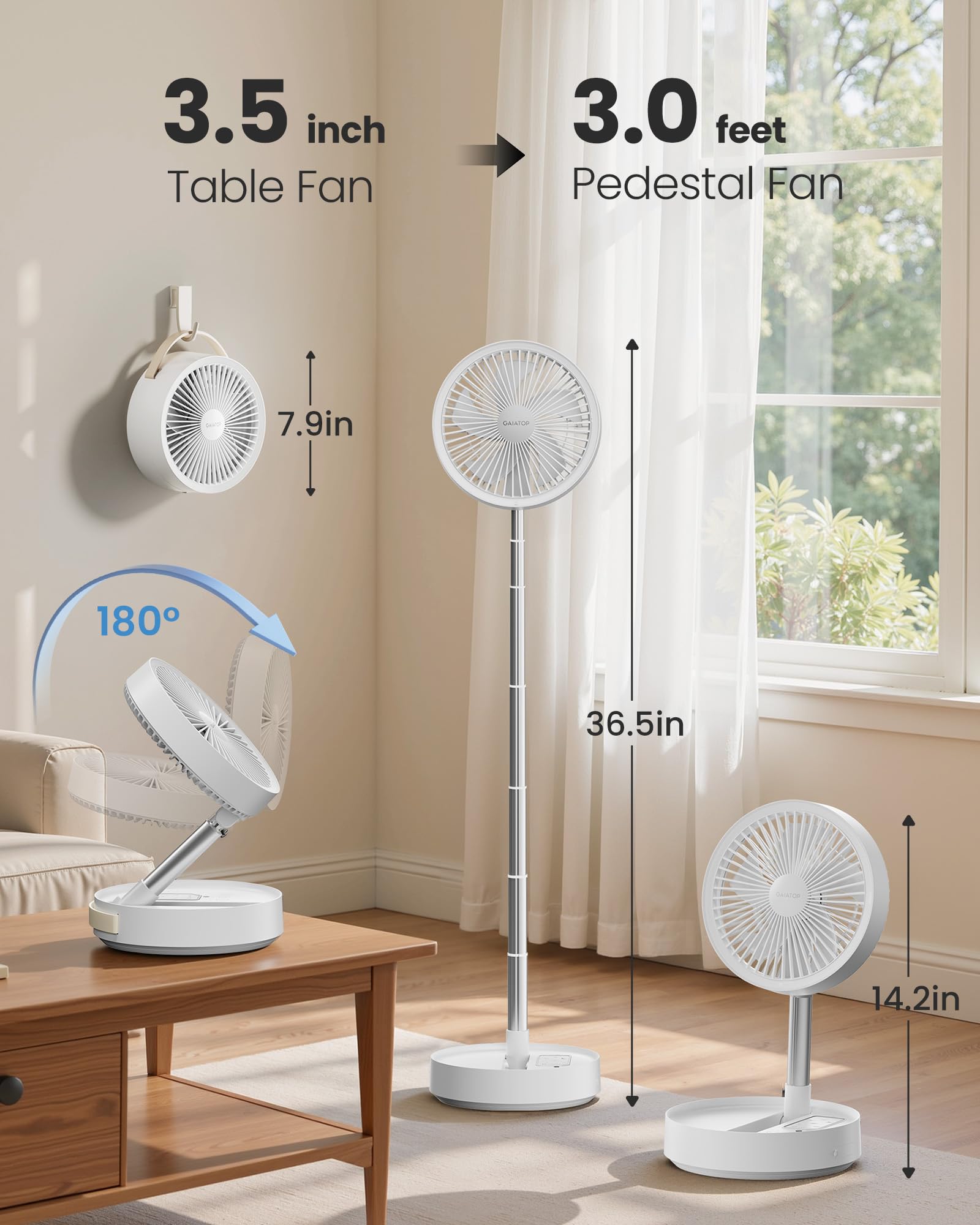 Gaiatop Portable Pedestal Fan 16000mAh Battery [Max 74h Runtime], Foldable Oscillating Standing