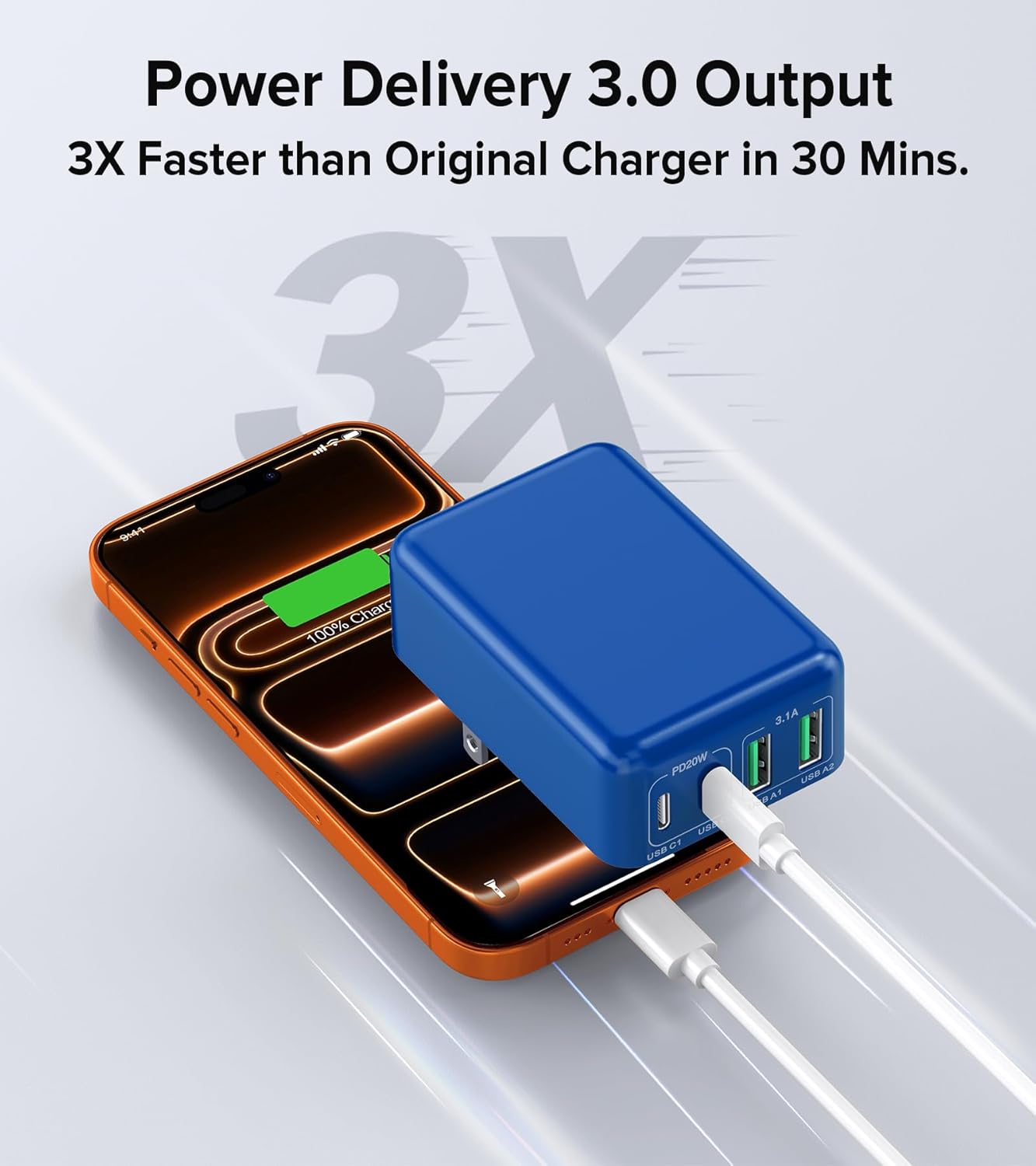 [2-Pack] Flat USB C Wall Charger,40W Fast USB C Charger Block,4-Port PD Power Adapter +QC Wall Plug Multiport Type C Charging Block Cube Compatible with iPhone 17 16 15 14 13 12 Pro Max XR XS 8(Blue)