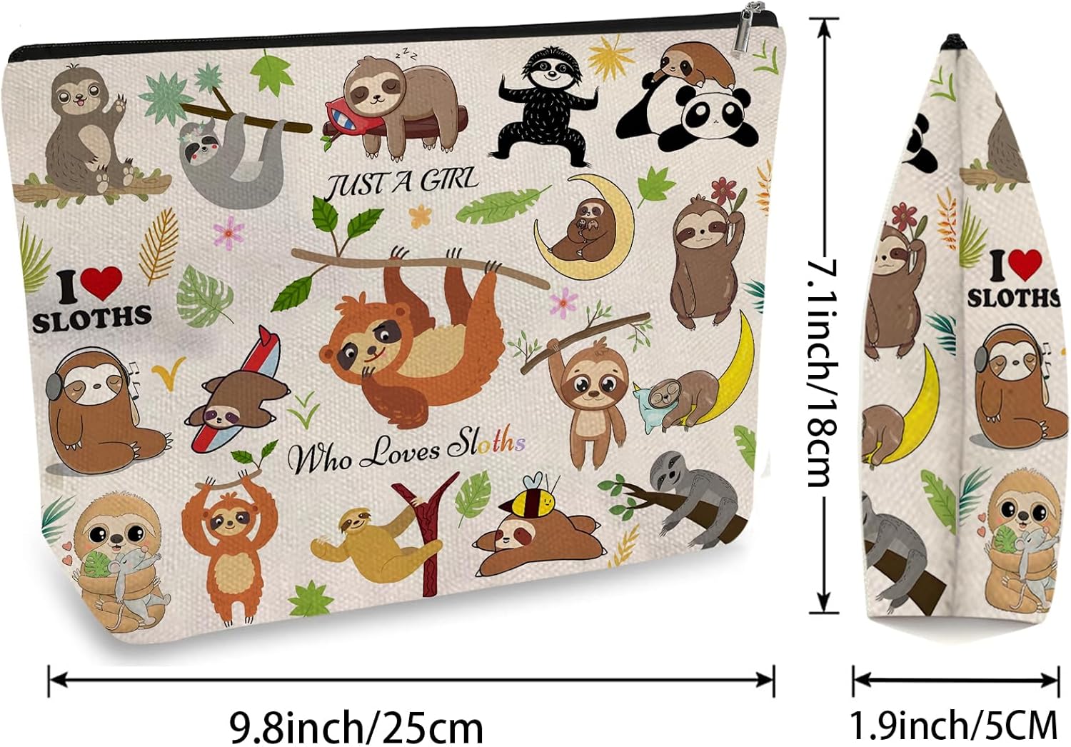 DOOX Sloth Makeup Bags with Lining, Funny Cosmetic Bags Pencil Pouch - Double-Sided Print - Cute