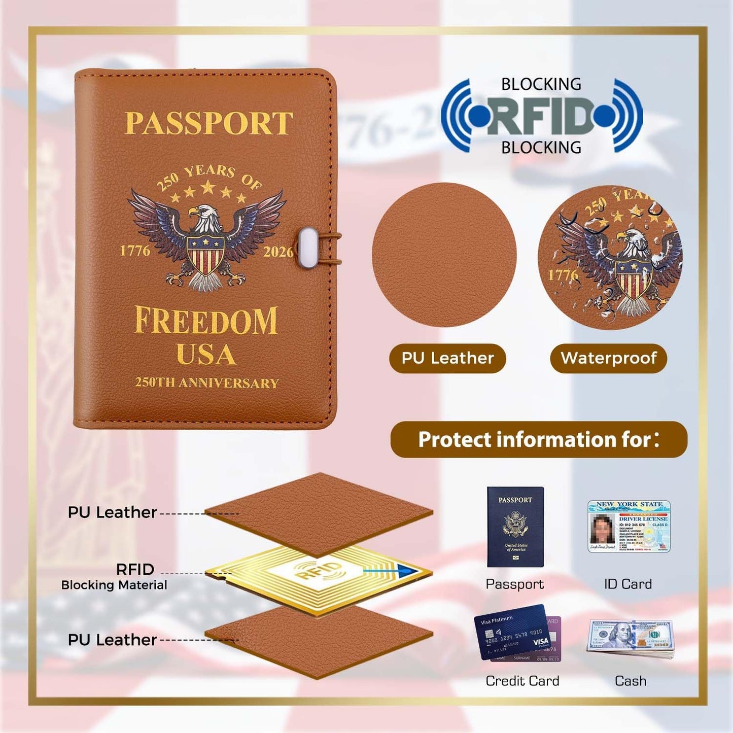 Melsbrinna Passport Holder for Travel,United States 250th Anniversary Passport Holder,Passport Cover Case for Travel,RFID Blocking Travel Wallet Holders for Women and Men (Brown)