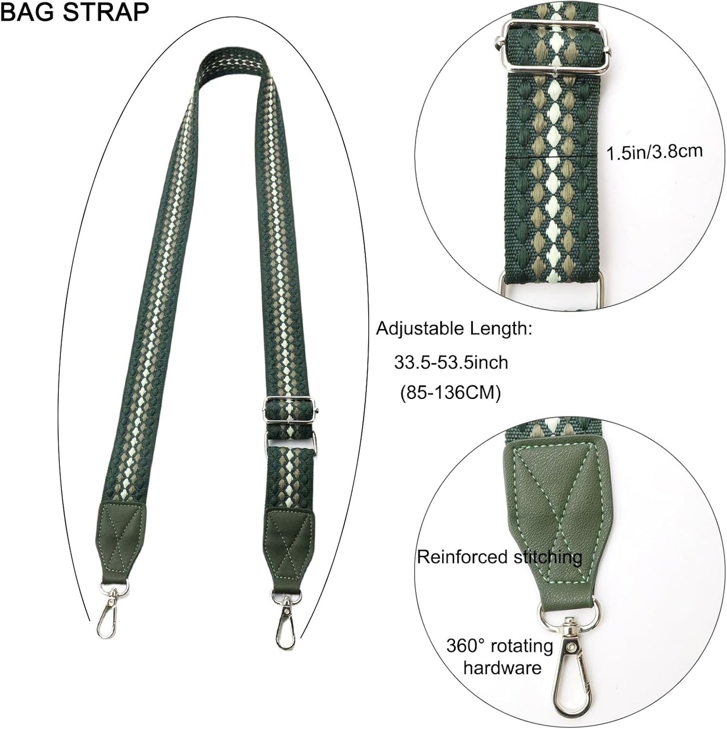 Adjustable Purse Strap with Green Leather End - 1.5" Wide Handbags, Camera, Guitar, Phone & Crossbody Bag Replacement Shoulder Straps(Silver Hardware)