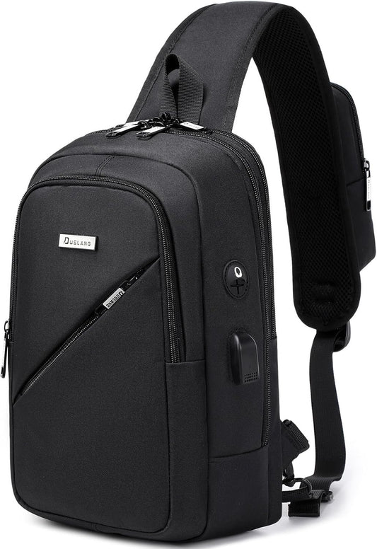 DUSLANG Crossbody Sling Backpacks for Men, Casual Shoulder Backpack Daypack Chest Bags with USB Charger Port For Camping Biking Travel Cycling