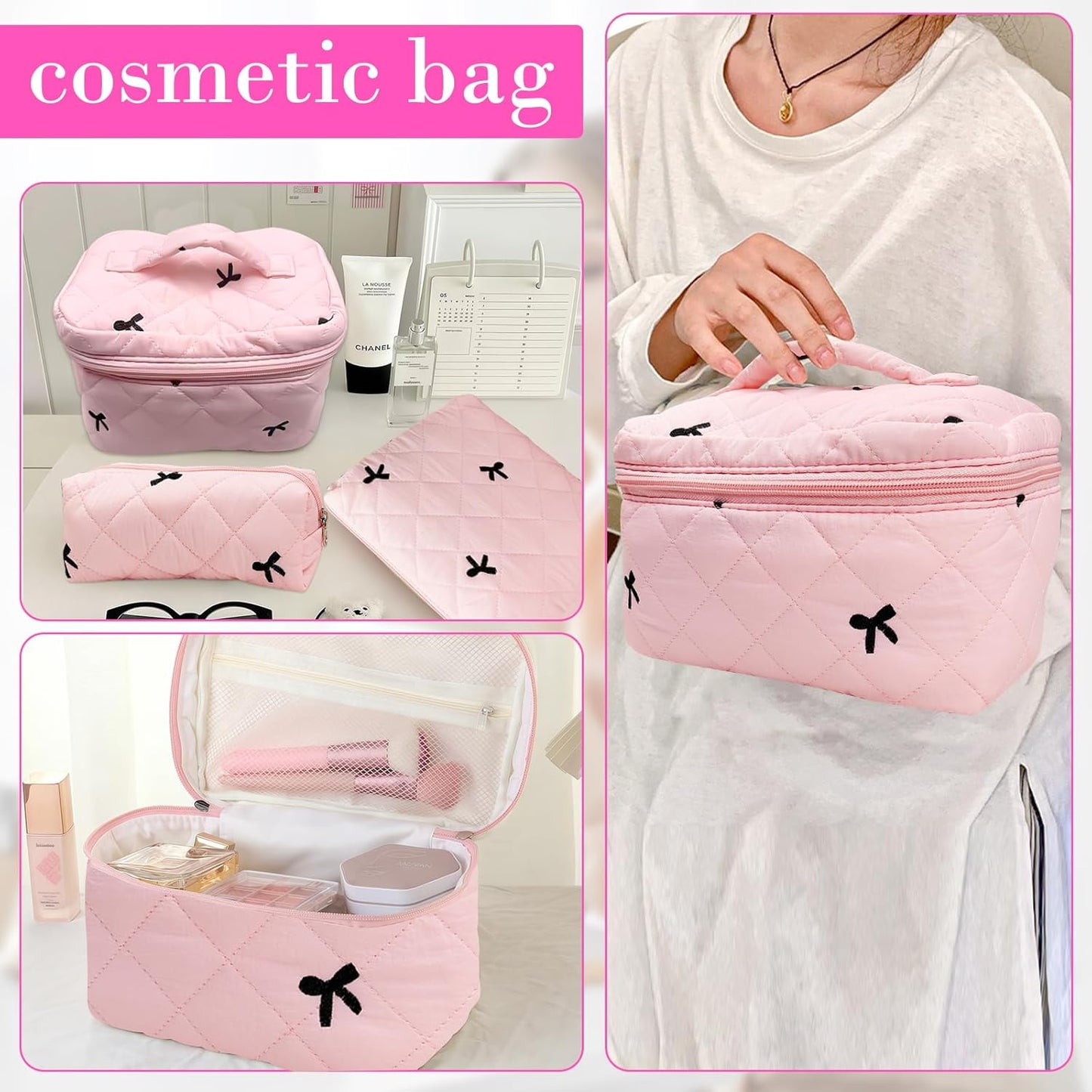 Quilted Cosmetic Bag Large Capacity Travel Cosmetic Bag for Women and Girls Aesthetic Storage for Daily and Travel Use Pink Bowknot 4pcs Pink Embroidery Bowknot