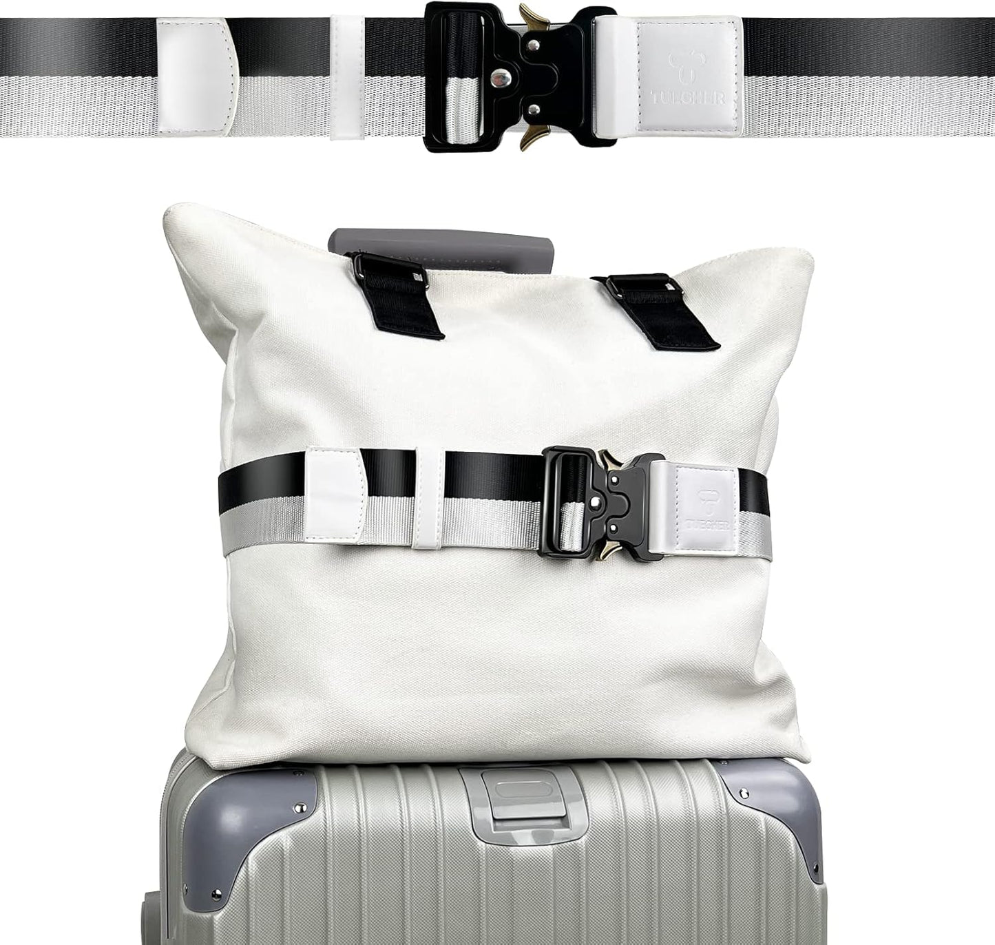 Luggage Straps for Carry On, Vethers Add a Bag Travel Belt, Hands Free Luggage Helper, Adjustable and Stylish Belt with Metal Buckles for Second Bag, Tote, Airport Travel Accessory (Tuxedo)