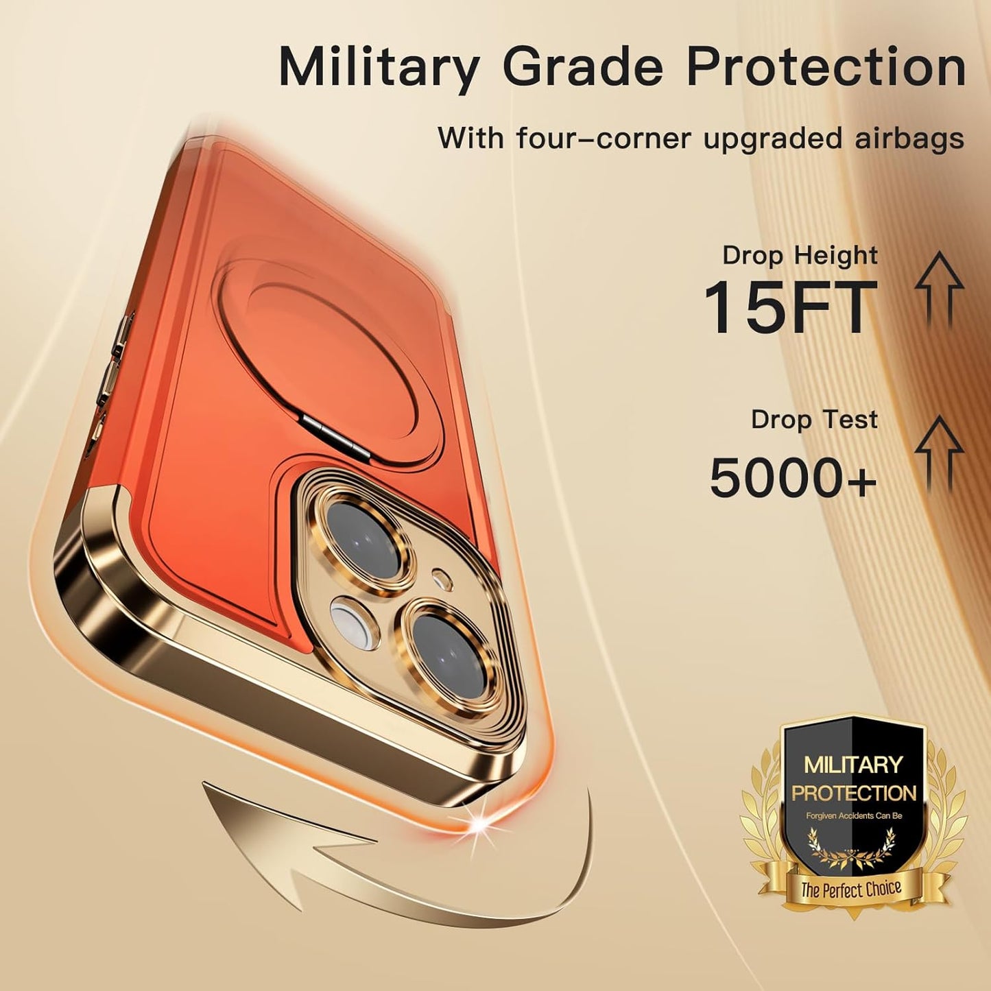 COOLQO for iPhone 15 Case 6.1'' Upgraded 360° Spin Magnetic Stand [Compatible with Magsafe][Military Protection] Plating Matte Scratch-Resistant Back Protective Shockproof Phone Case, Orange Gold