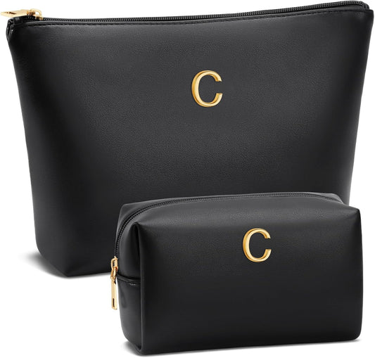 Women Gifts | Initial Makeup Bag Set for Girl Personalized Gifts for Bridesmaid Friend Graduation Teachers PU Leather Cosmetic Travel Toiletry Bag(Black,C)