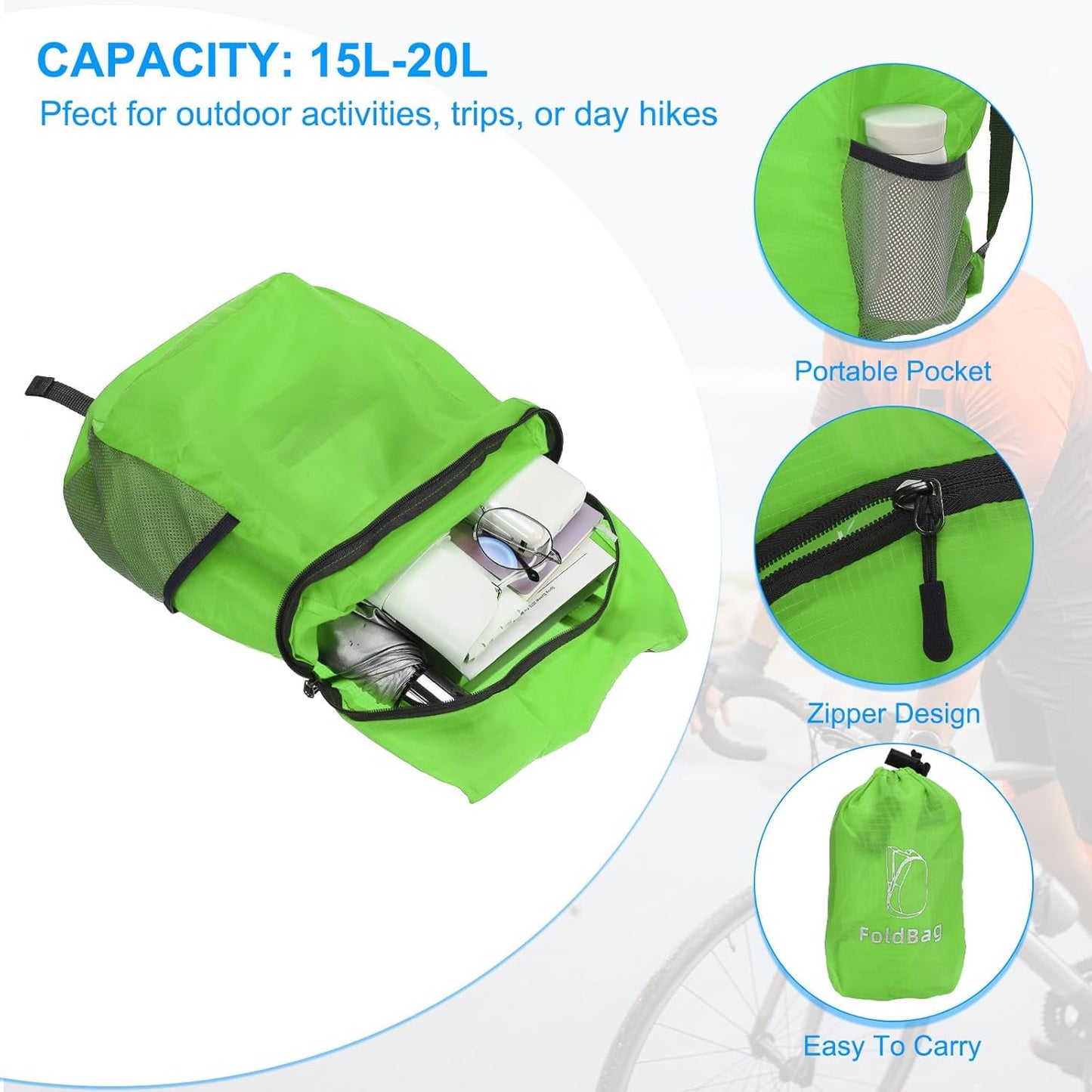 PATIKIL Hiking Backpack, 15L-20L Packable Lightweight Backpack Daypack Small Foldable Outdoor Camping Cycling Backpacking Shoulder Bag, Green
