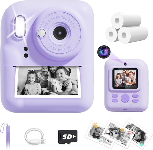 Kids Camera Instant Print, Upgrade Dual-Lens Selfie Digital Camera for Kids, Christmas Birthday Gifts Toys for Boys Girls Age 3-12, HD 1080P Toddler Portable Toy with SD Card 3 Rolls Print Paper