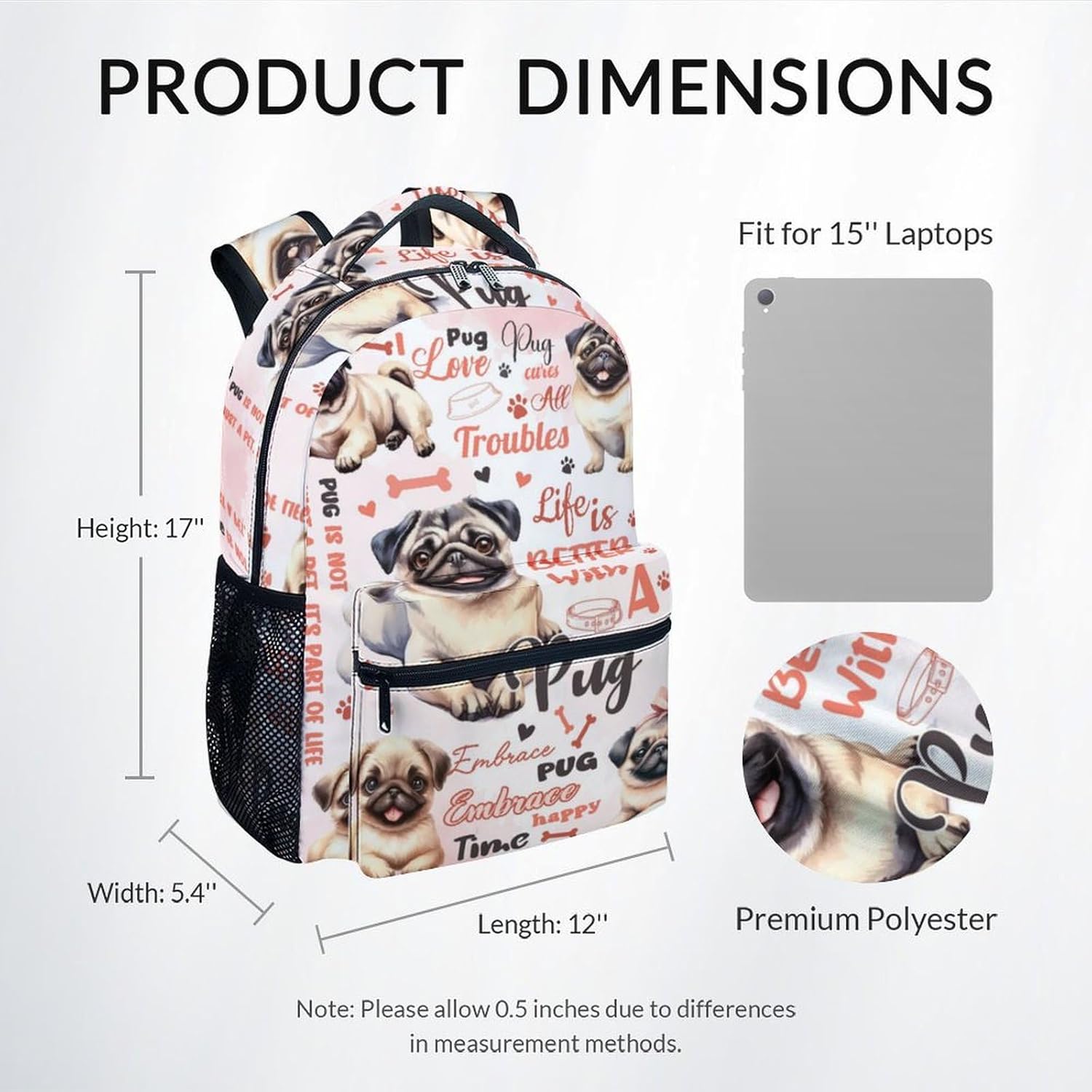 Mercuryelf Backpack for Girls - 17 Inch Pug Backpacks for School - Cute Dog Bookbag for Teen Boys