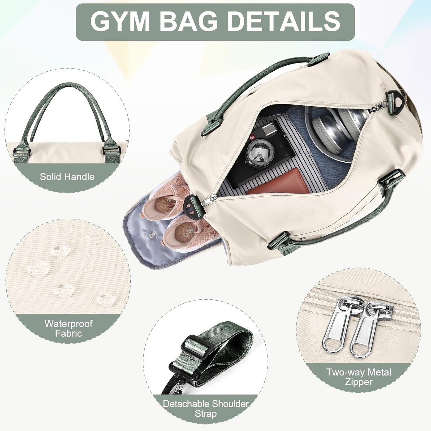 Gym Bags for Women Men with Shoes Compartment,Sports Duffle Bags Personal item travel Duffel Tote Bag Small Carry on Weekender Overnight Bag Workout Dance Bag Hospital Holdalls Beige Green