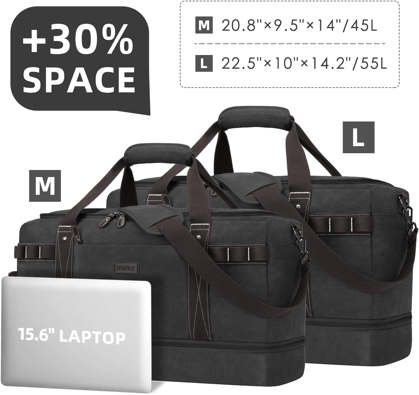 ZOMFELT Travel Duffle Bag for Men, 55L Waterproof Canvas Overnight Duffel Bag with Removable Dividers & Shoe Compartment, Carry On Weekender Gym bag, Multi-Pocket & Vintage Design (Washed Black)