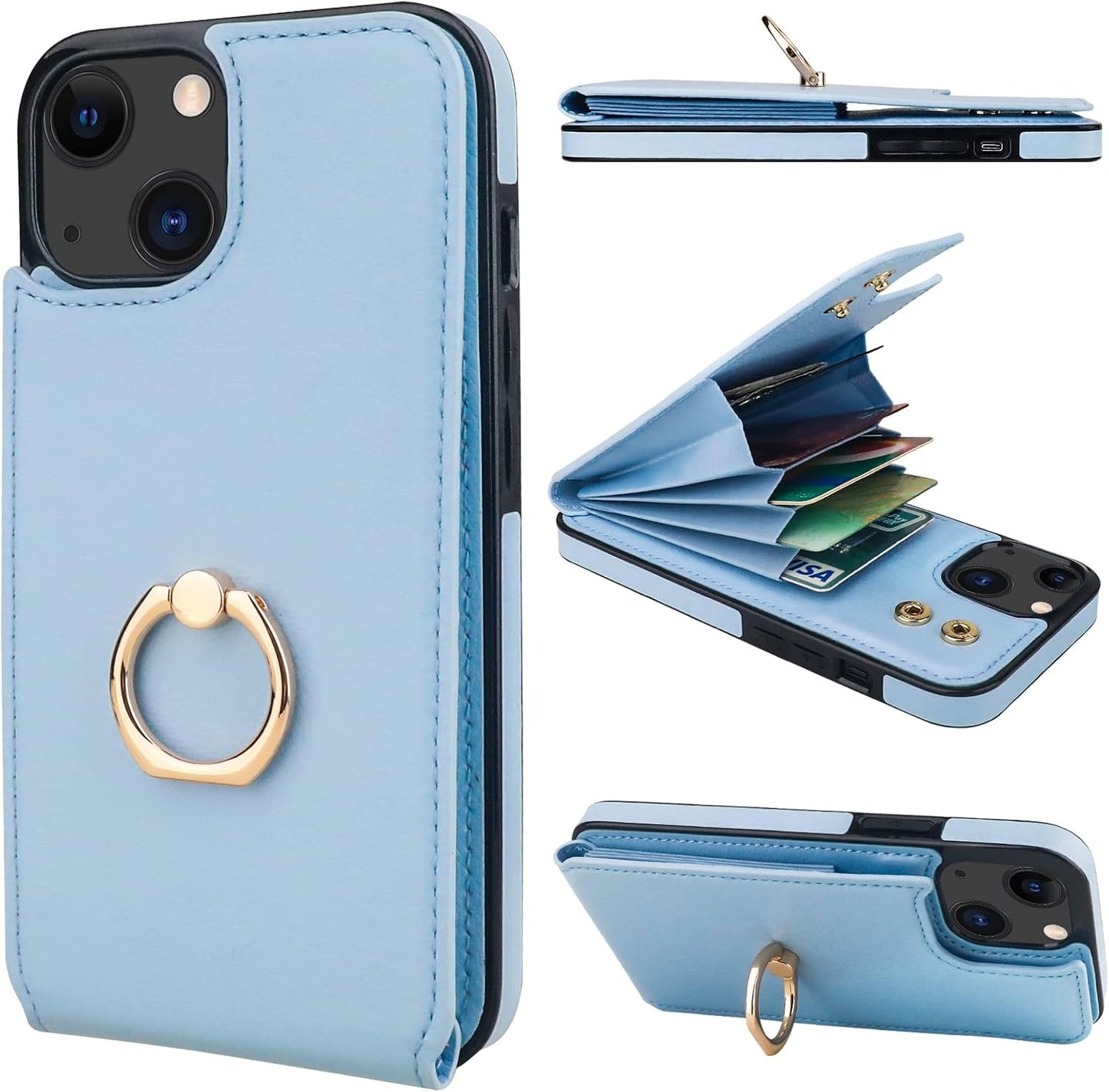 Folosu Compatible with iPhone 14 Case Wallet with Card Holder, 360°Rotation Finger Ring Holder Kickstand, RFID Blocking Leather Protective Double Buttons Shockproof Cover 6.1 Inch Blue