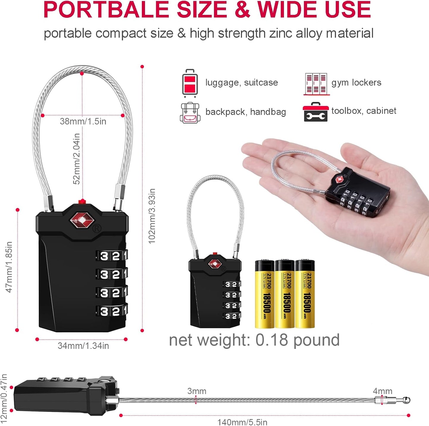 ZHEGE Travel Locks, TSA Approved Locks for Luggage, 4 Digit Cable Lock with Inspection Indicator for Luggage Suitcase, Backpack, Baggage, Easy to Read（4 Pack, Black）