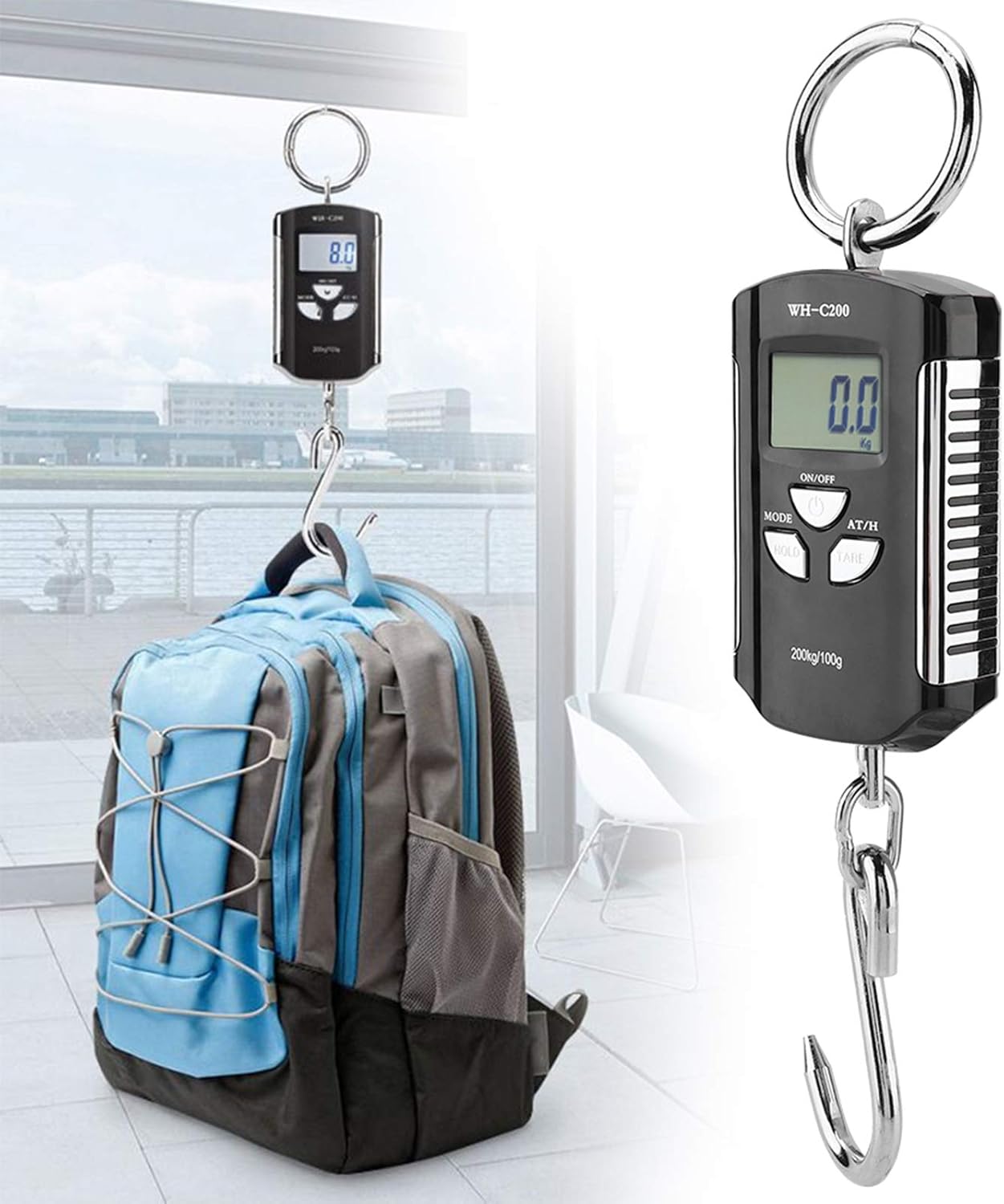 Digital Fish Scale, 200kg Digital Hanging Scale with Hook Backlit LCD Display Travel Accessories for Portable Hanging Baggage (Silver Frame)