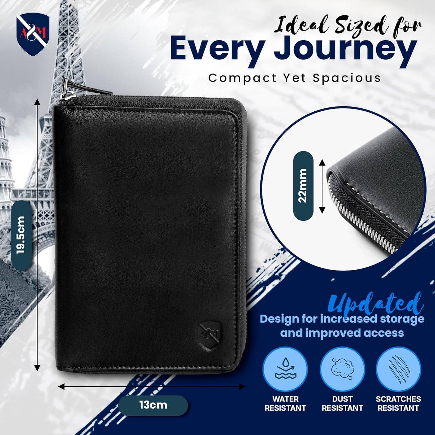 ALLEN & MATE Passport Holder Travel Wallet, 100% Leather RFID Blocking Travel Document Organiser for Men & Women