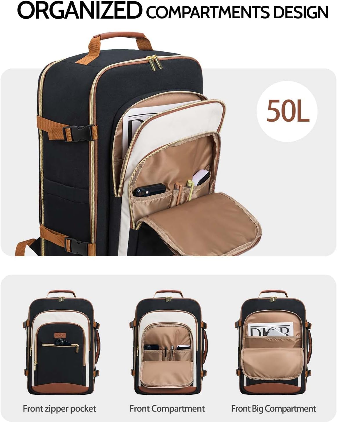 50L Travel Backpack for Women, Carry On Bag Flight Approved, Waterproof Backpack with 3 Packing Cubes, Weekender Personal Item Bags for Airplane Travel Essentials, TSA Approved