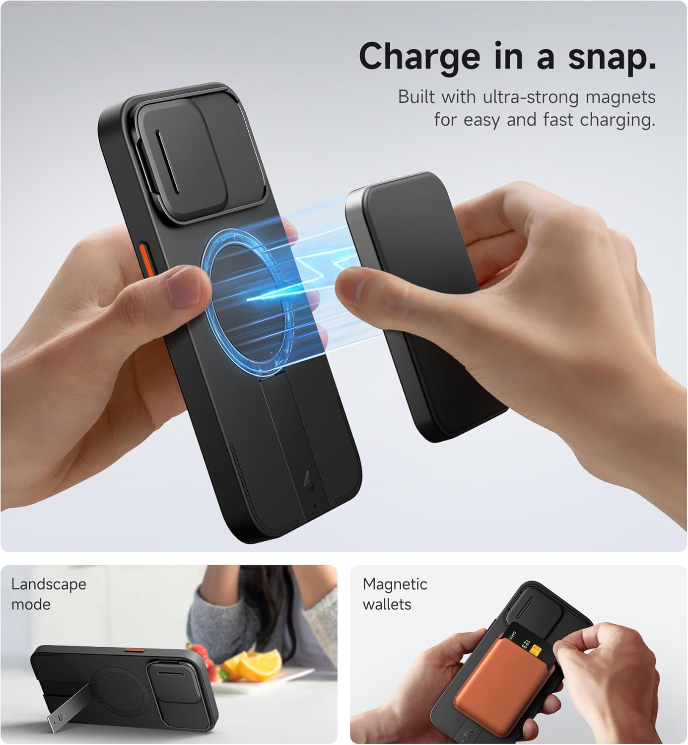 SURITCH for iPhone 15 Pro Max Case with Magnetic Camera Slide Cover and Adjustable Kickstand, Compatible with MagSafe, Shockproof Bumper Case Slim Protective Cover 6.7 Inch, Black