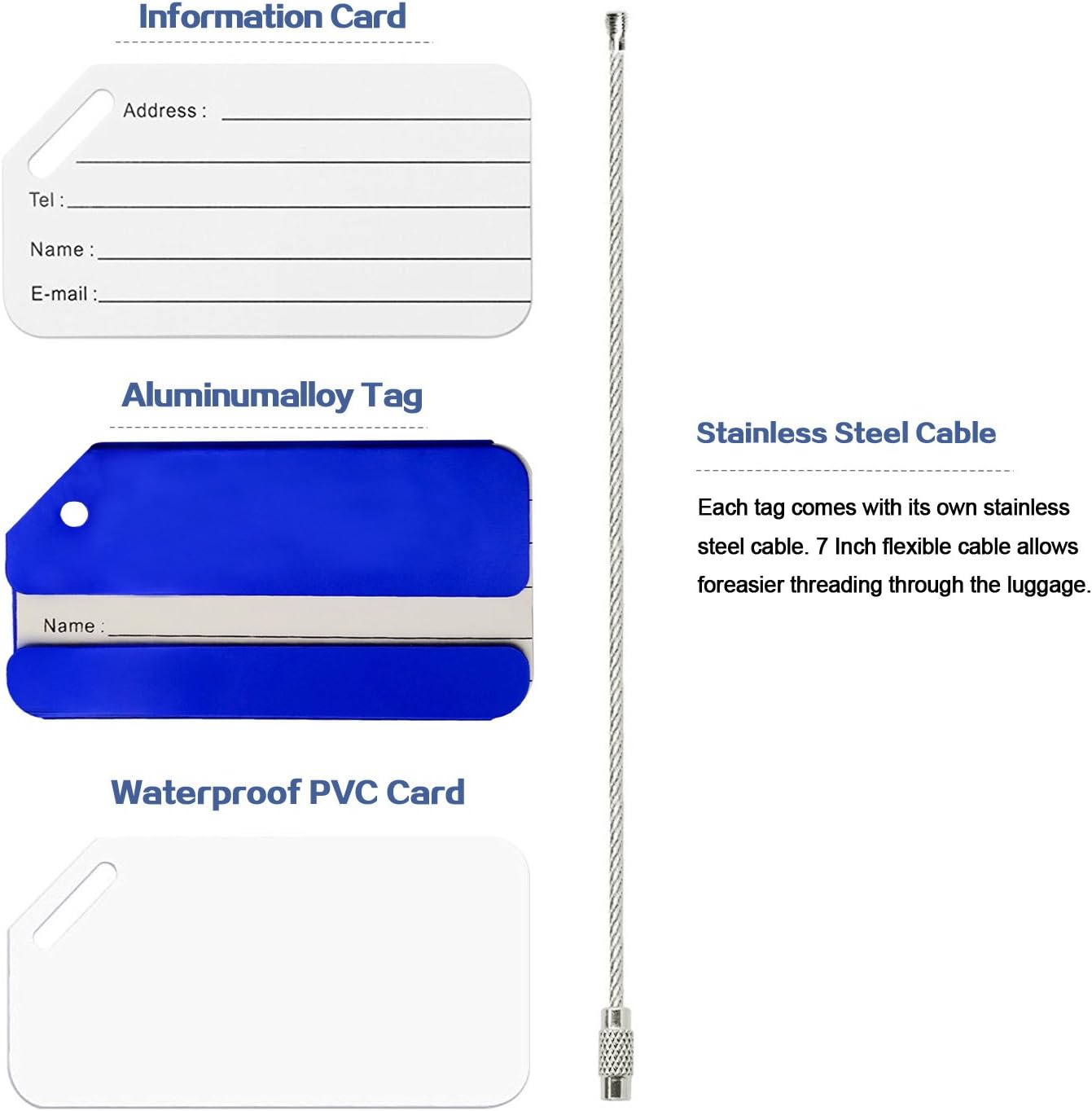 5Pack Blue Aluminum Luggage Tags, Luggage Tag Holders for Travel Luggage Baggage Identifier by Ovener