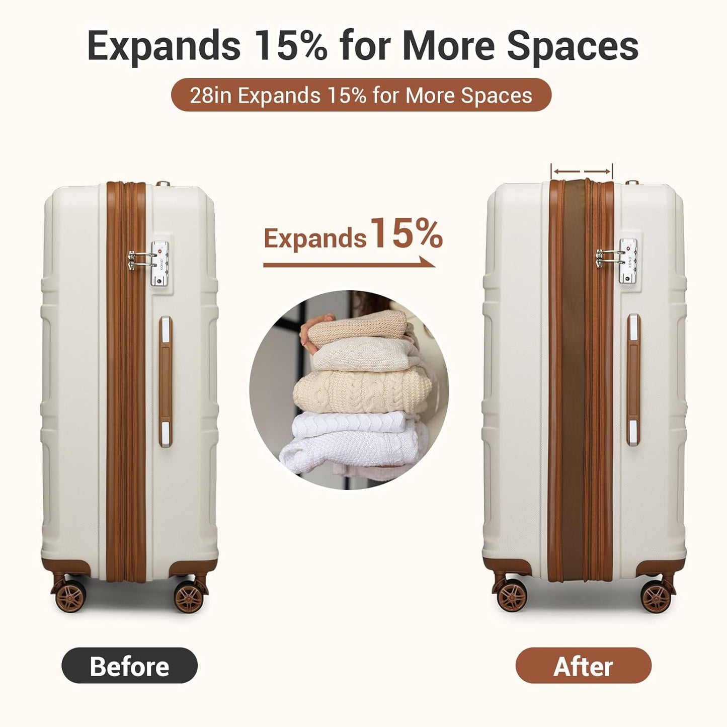Kono Luggage 3 Piece Set Suitcase Spinner Hardshell Lightweight TSA Lock For Women(cream white, 3 piece set(20in24in28in))