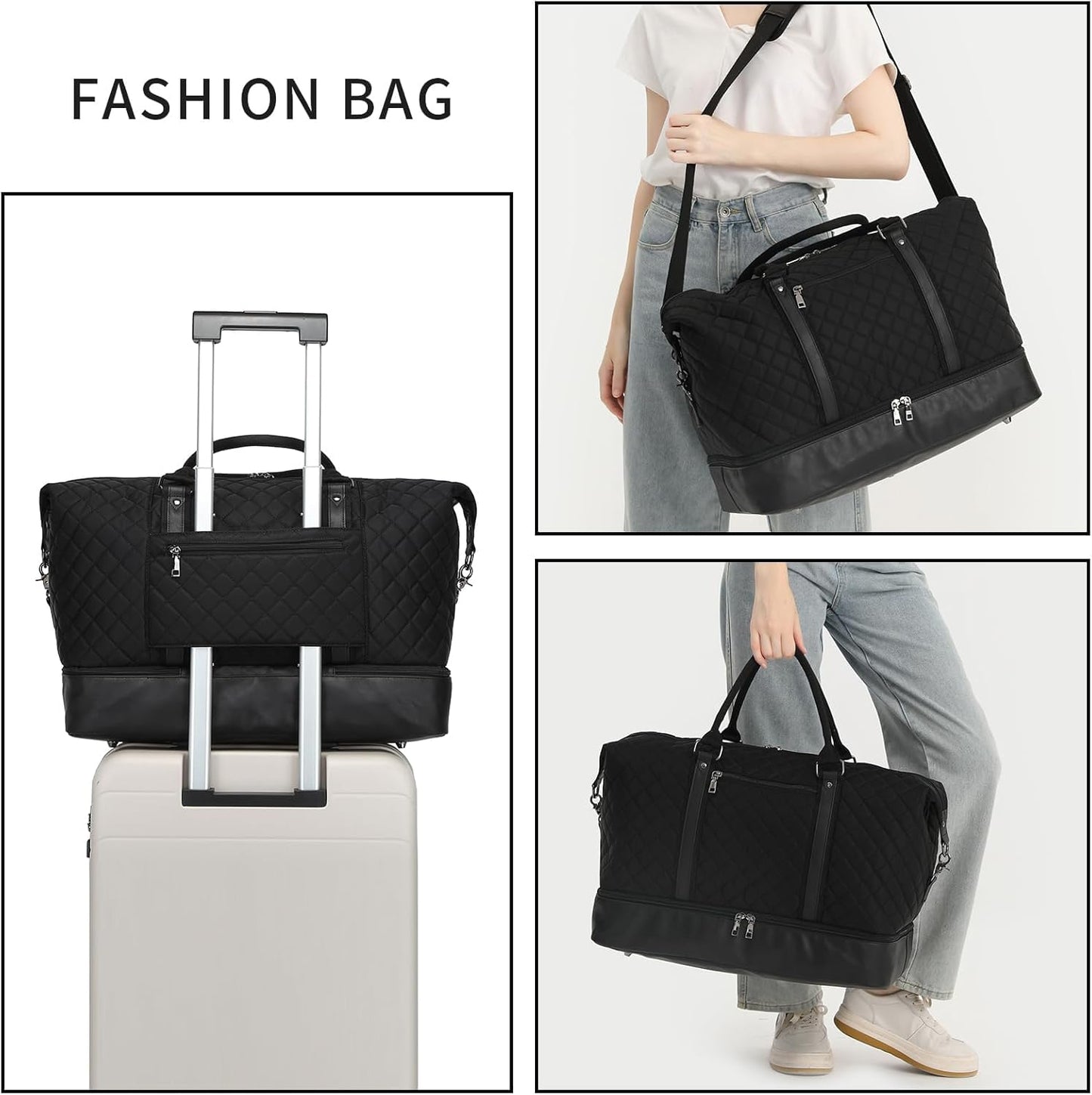 seyfocnia Travel Duffel Bags for Women,Weekender Overnight Bag with Shoe Pouch Large Carry On Bag Travel Tote Duffel Bag for Women (Black)